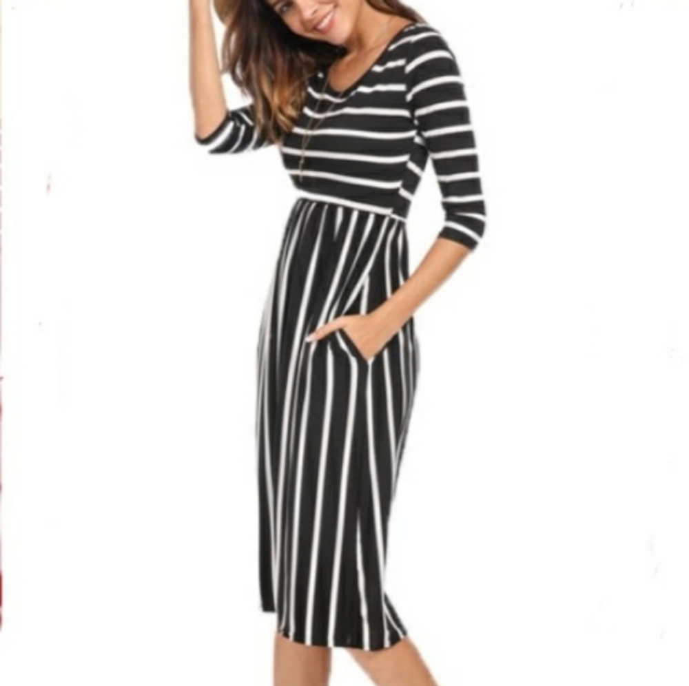 Black and White Striped Midi Dress